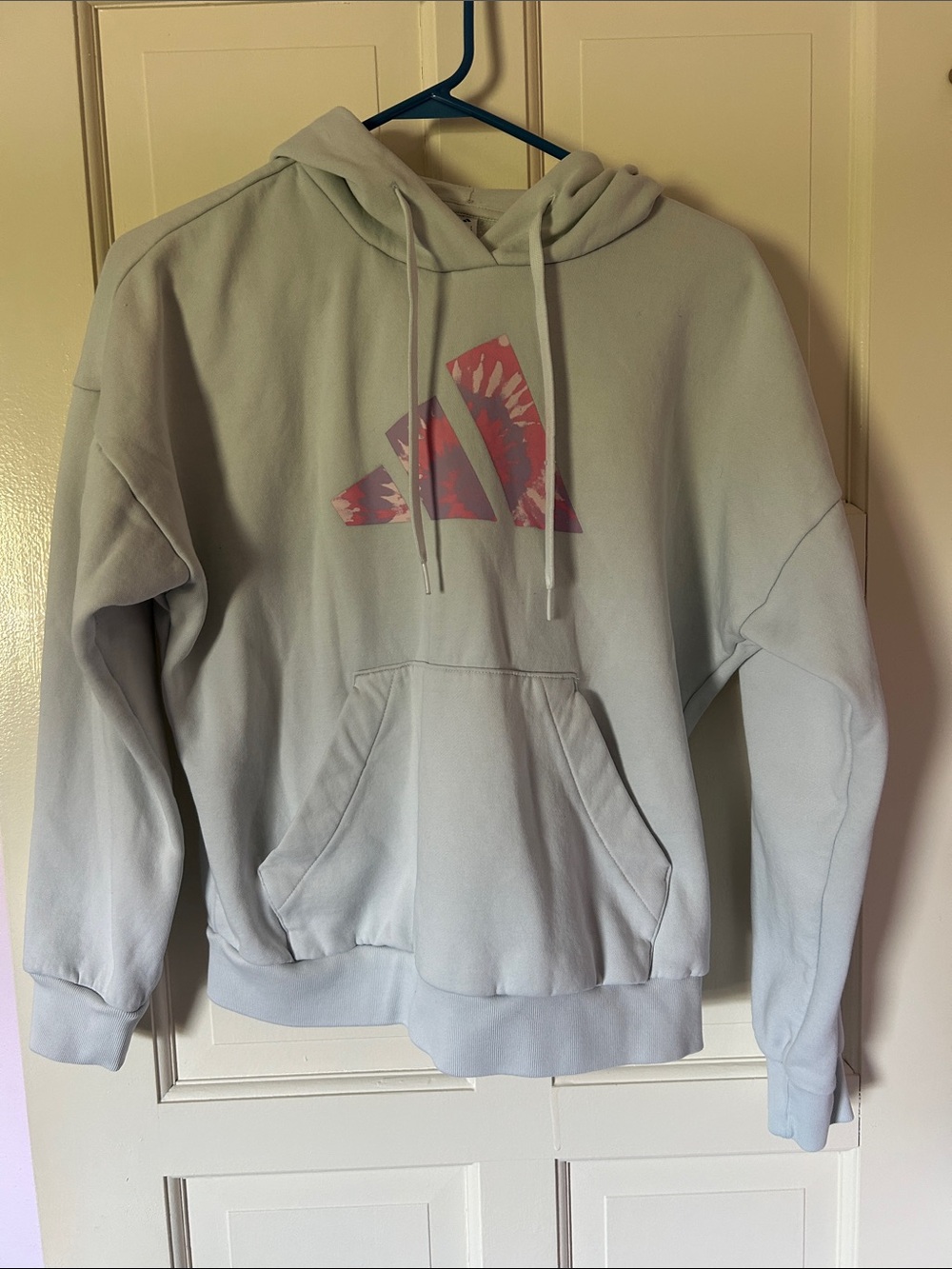 adidas Light Gray Hoodie with Pink Tie-Dye Trefoil